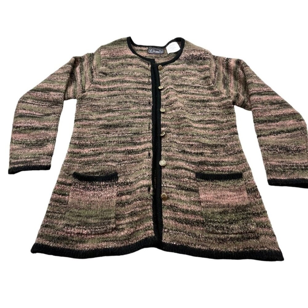Vintage Rochelle California Women Medium Green Striped Knit Cardigan Sweater Y2K